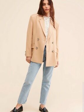 Sister Jane NWT Beige Harlow Double-Breasted Blazer w/ Brass Pearl Buttons $138